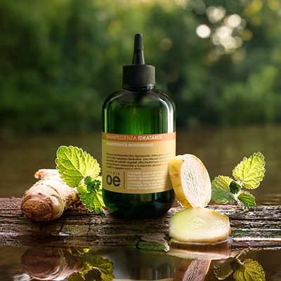 immagine del prodotto dello shampoo idratante ambientato su sfondo con zenzero e foglie verdi 